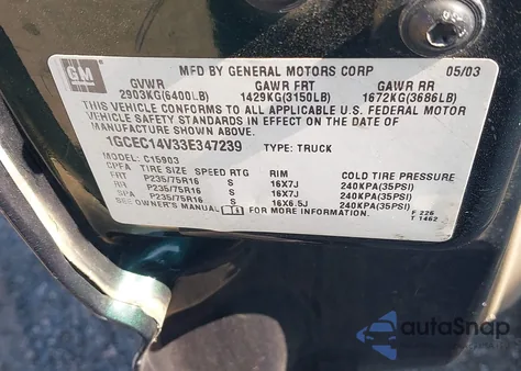 2003 Chevrolet Silverado 1500 Ls from USA, damaged, VIN 1GCEC14V33E347239